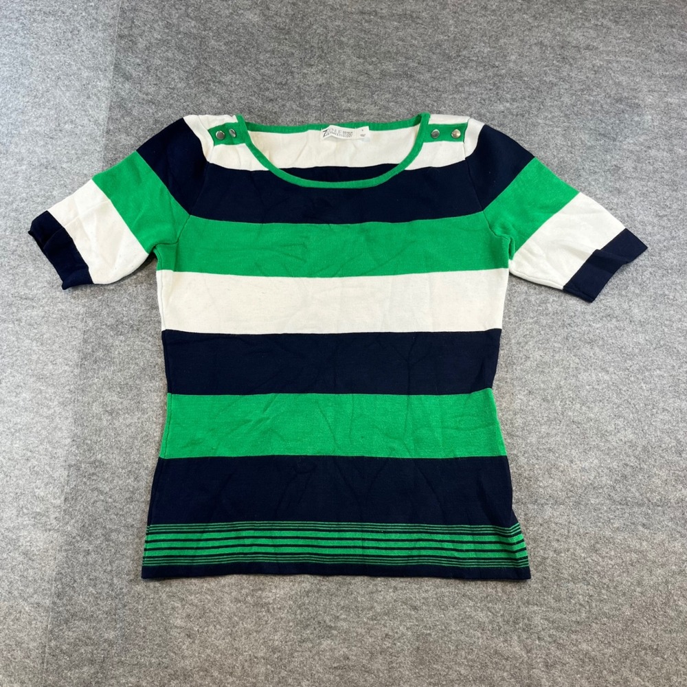 New York & Company Womens Striped Knit Top Green Navy White S Nautical Preppy